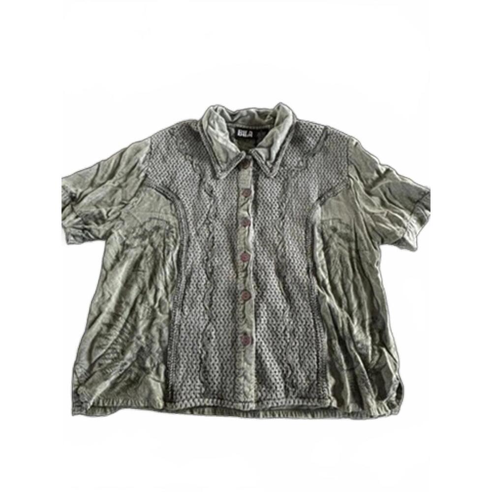 Vintage BILA Olive Rayon Button Front Boho Blouse XS